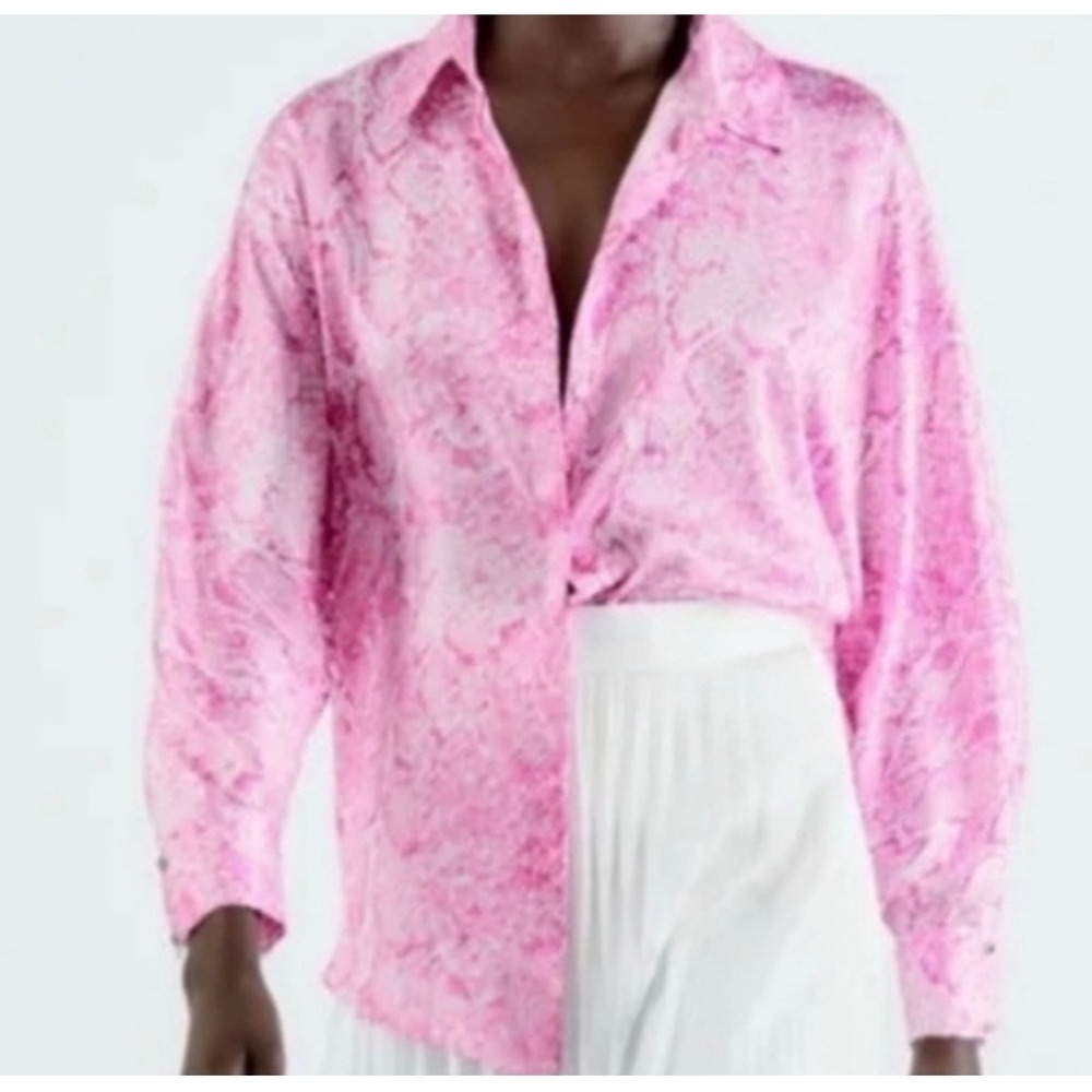 Zara Snakeskin Print Blouse Womens Size S Pink Button Down Long Sleeve Top Chic